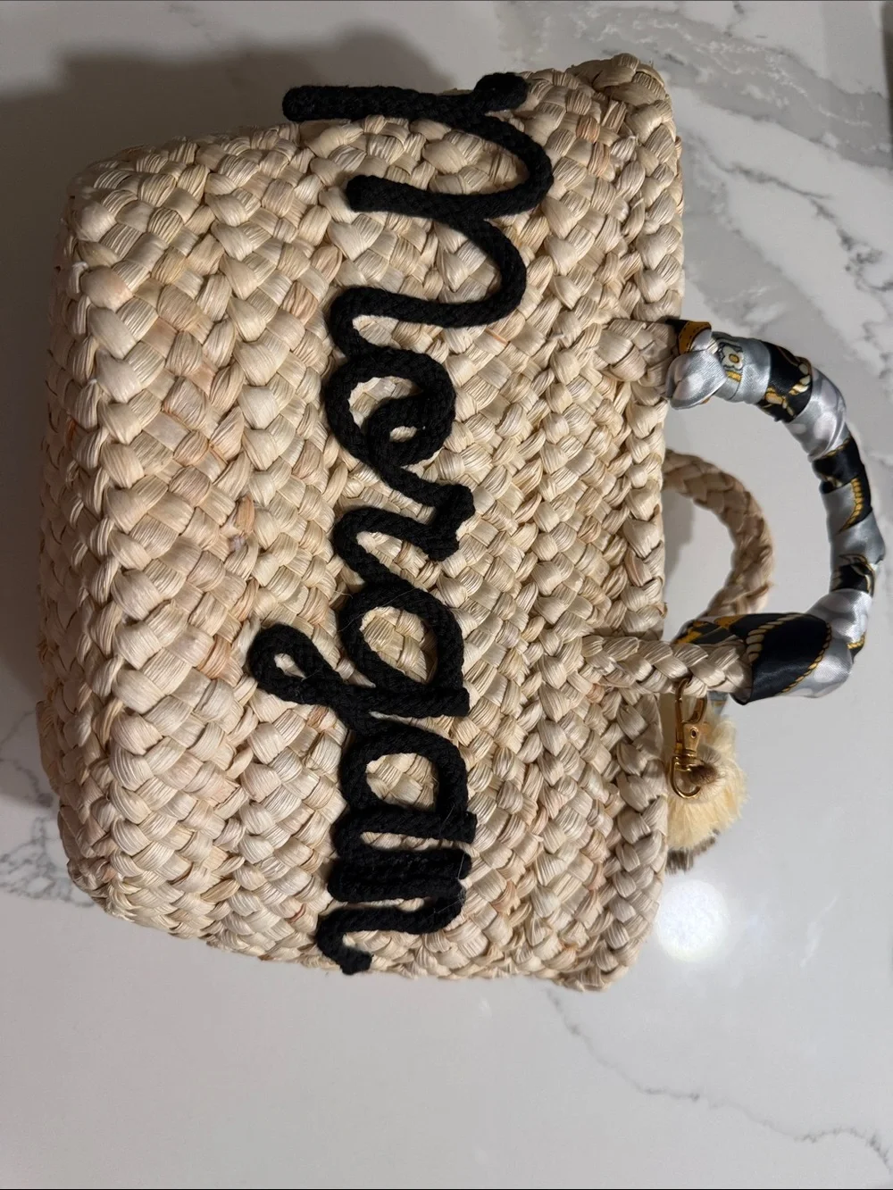 Handwoven Natural Straw Tote Bag with Black Script